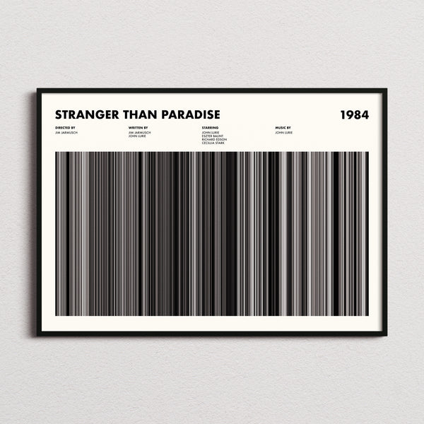 Stranger Than Paradise Movie Barcode Poster framed and photographed straight on