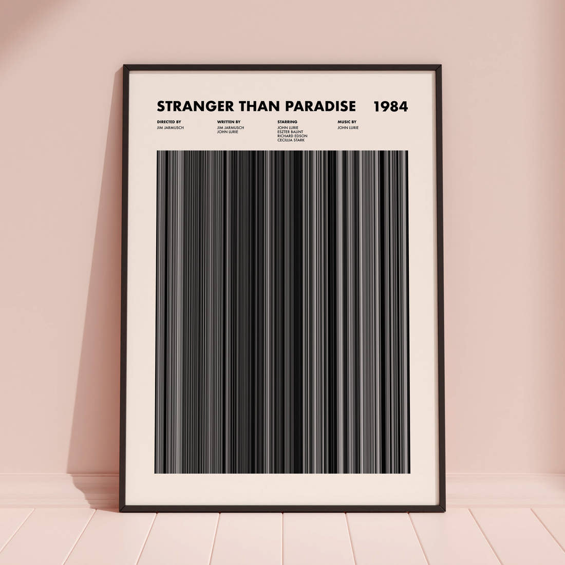 Stranger Than Paradise Movie Barcode Poster framed and leaning against a coloured wall
