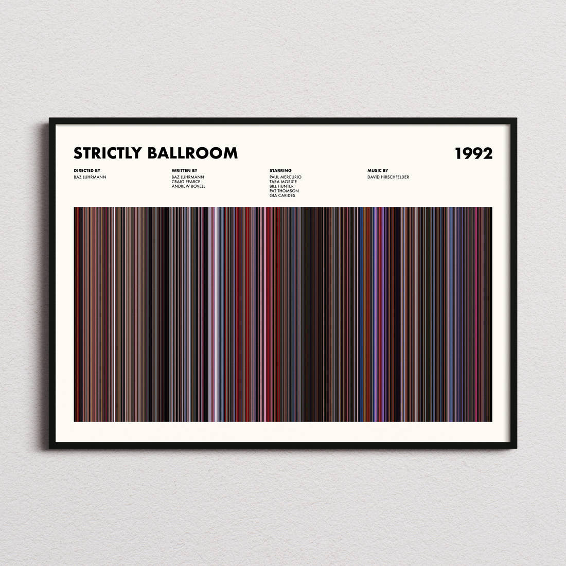Strictly Ballroom Movie Barcode Poster framed and photographed straight on
