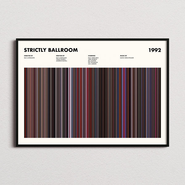 Strictly Ballroom Movie Barcode Poster framed and photographed straight on