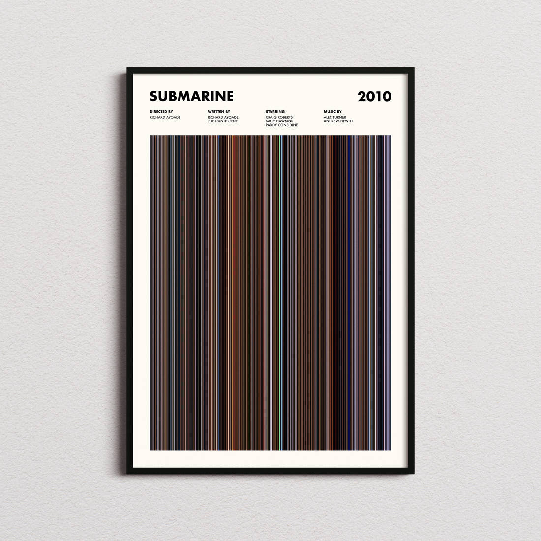 Submarine Movie Barcode Poster framed on a plain studio wall