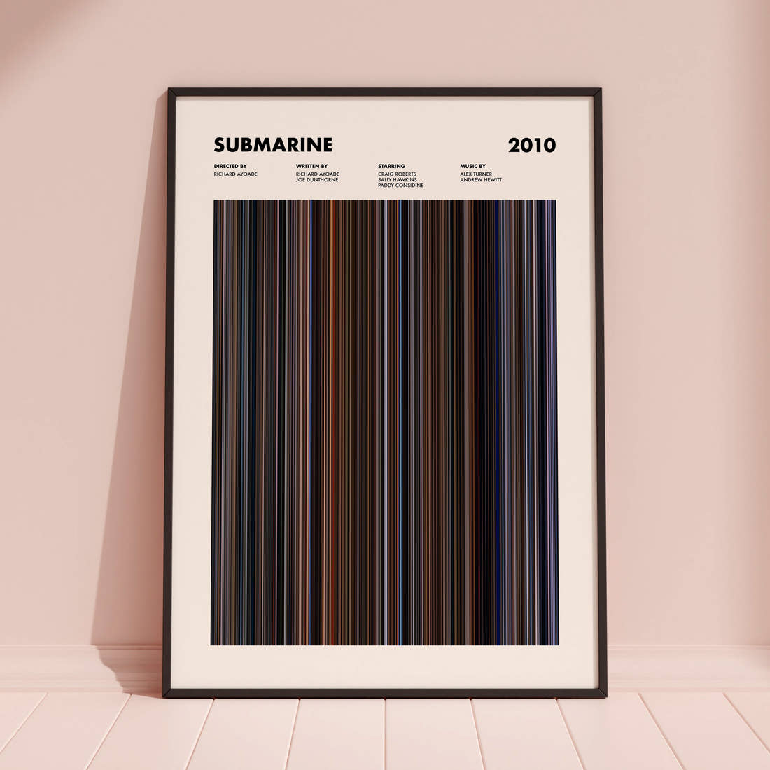 Submarine Movie Barcode Poster framed and leaning against a coloured wall