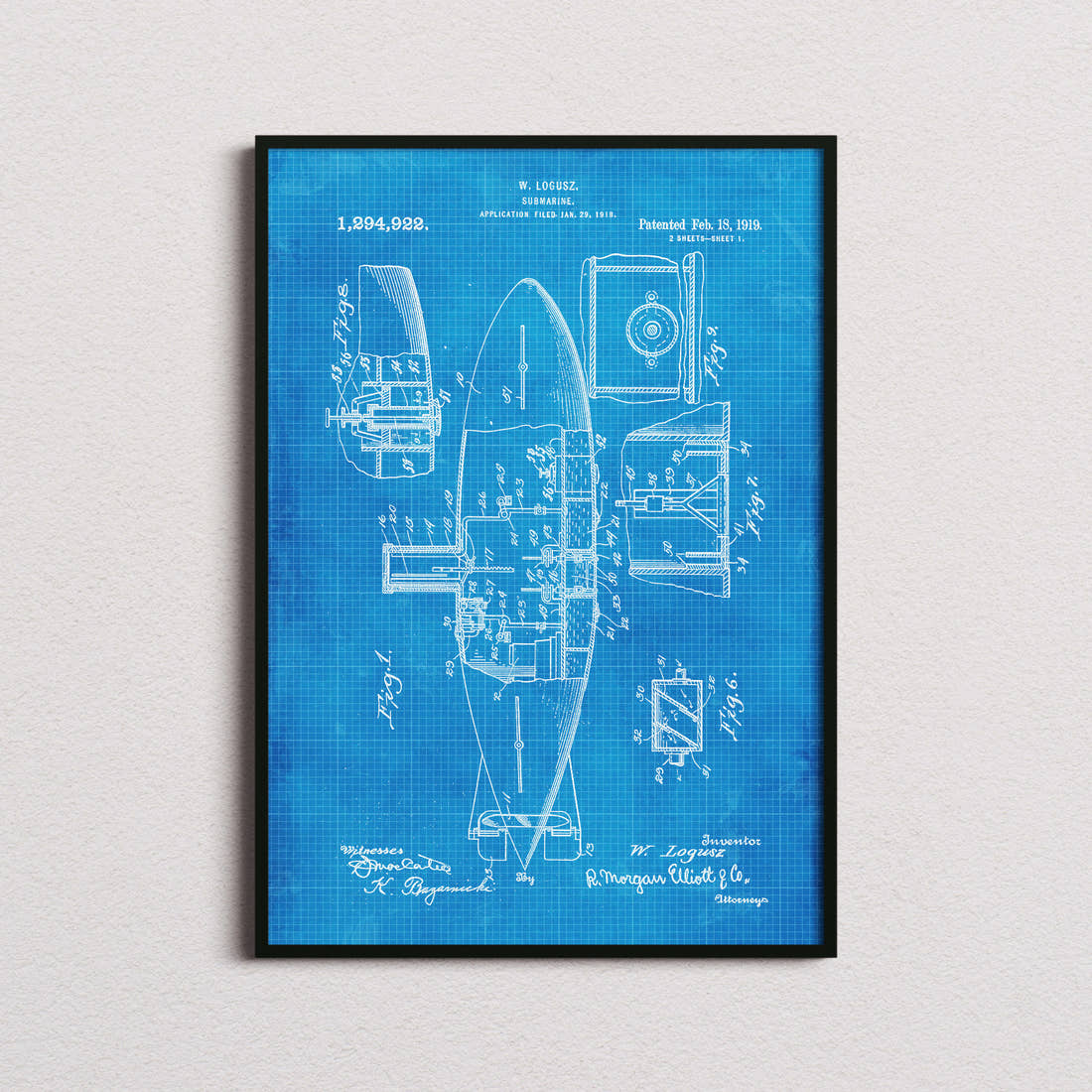 Submarine Patent Print in the blueprint colourway, framed