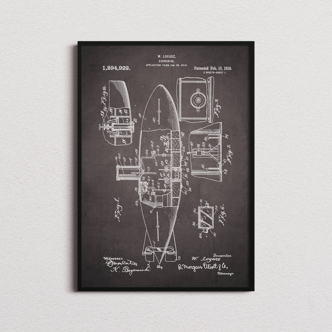 Submarine Patent Print in the blackboard colourway, framed