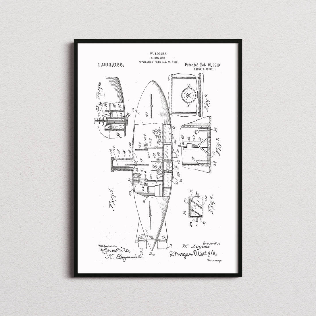 Submarine Patent Print in the white colourway, framed