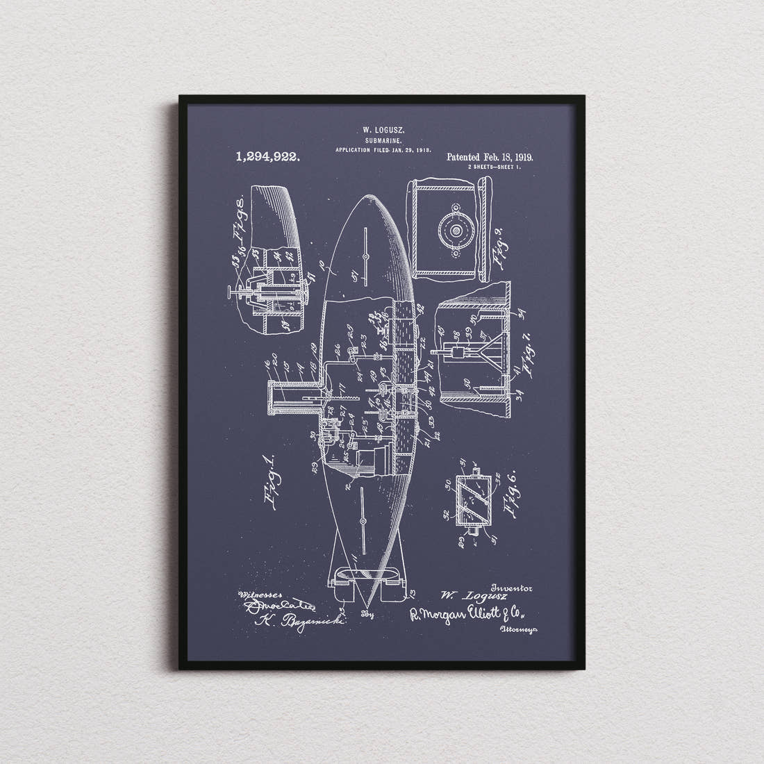 Submarine Patent Print in the navy colourway, framed
