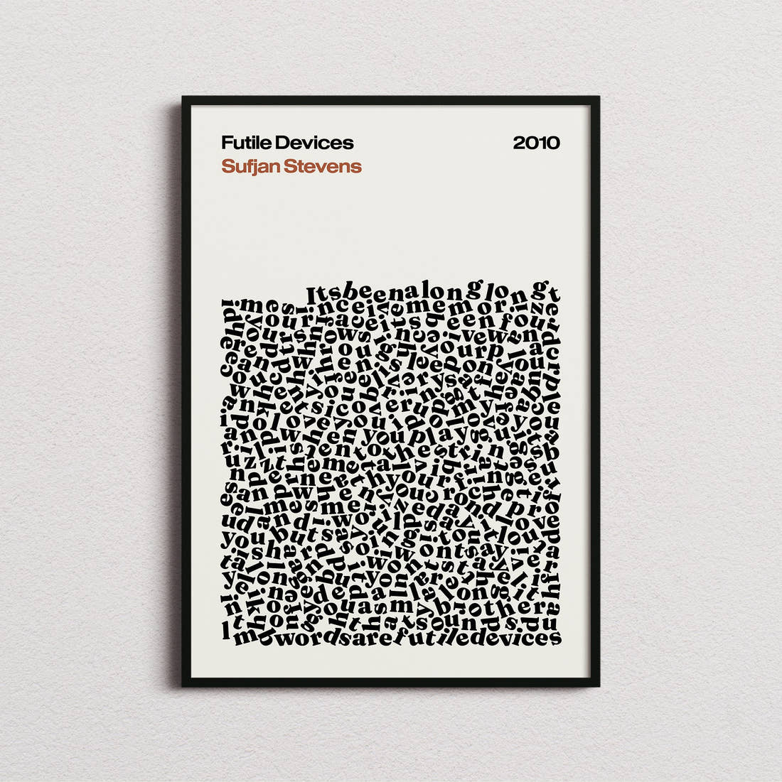 Sufjan Stevens Futile Devices Lyric Print in the cream colourway, framed
