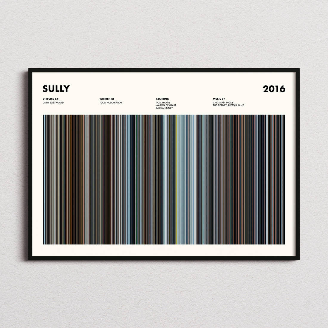 Sully Movie Barcode Poster framed and photographed straight on