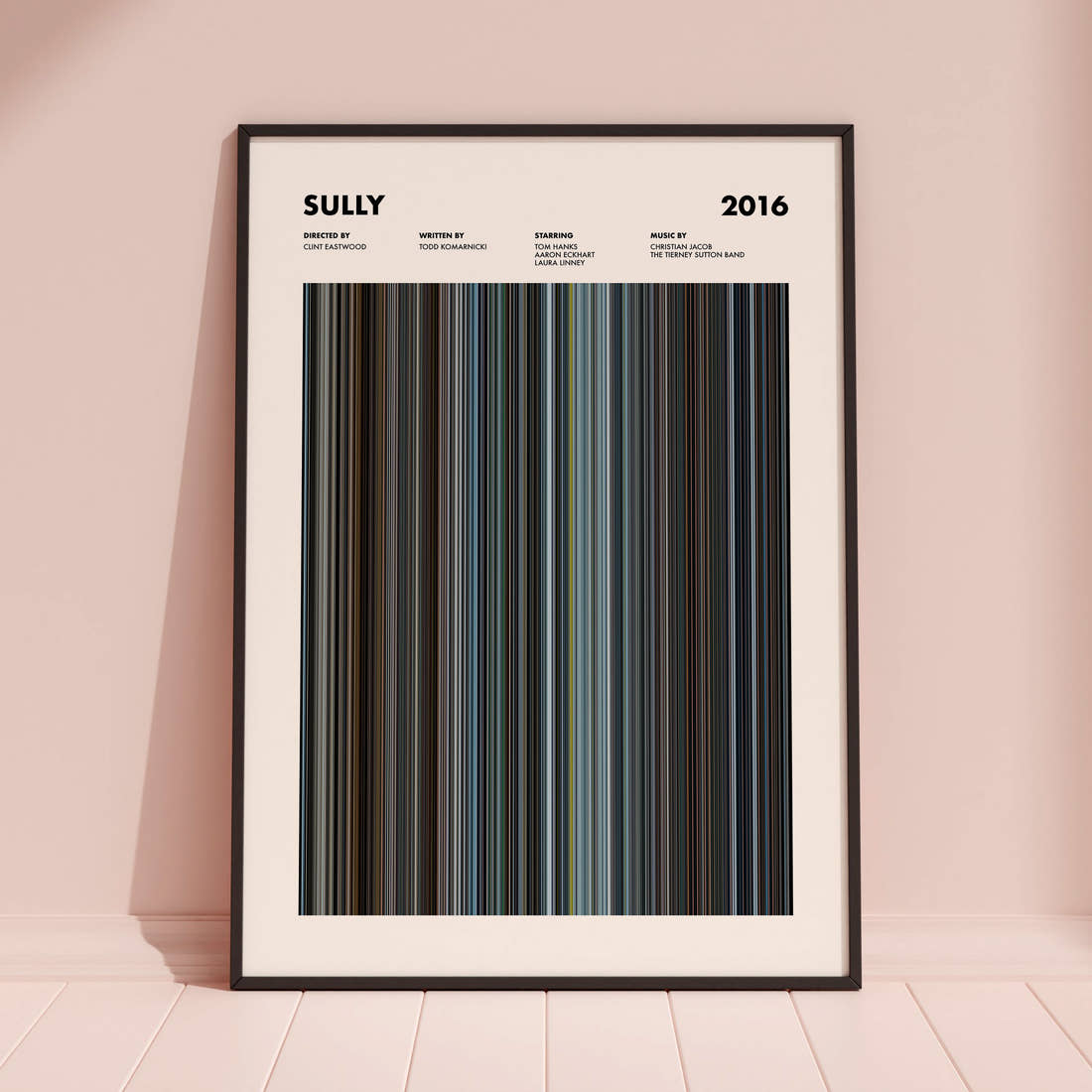 Sully Movie Barcode Poster framed and leaning against a coloured wall