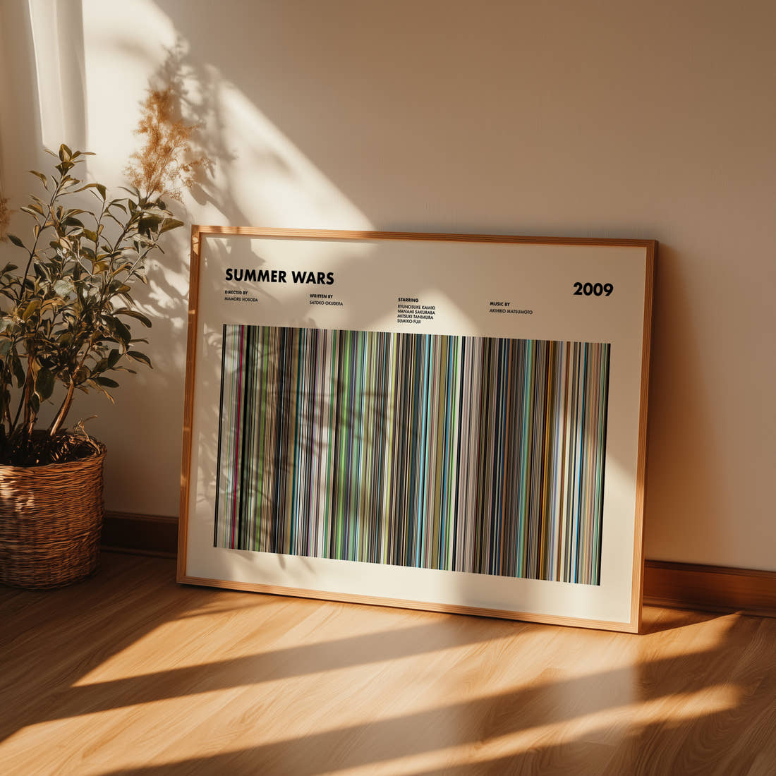 Summer Wars Movie Barcode Poster framed and leaning against a wall on a wooden floor