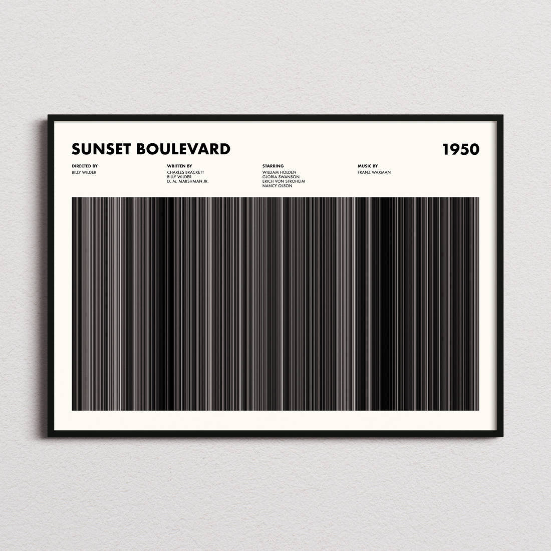 Sunset Boulevard Movie Barcode Poster framed and photographed straight on