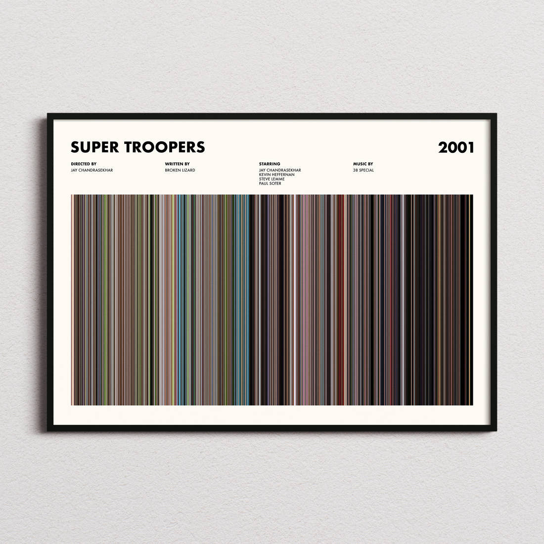 Super Troopers Movie Barcode Poster framed and photographed straight on