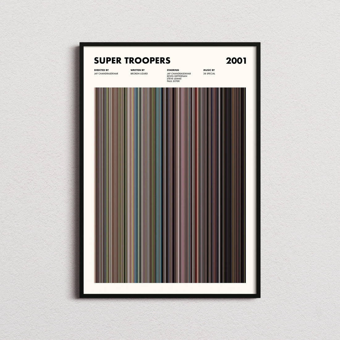 Super Troopers Movie Barcode Poster framed on a plain studio wall