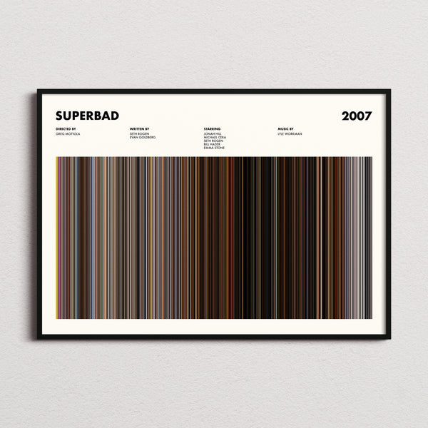 Superbad Movie Barcode Poster framed and photographed straight on