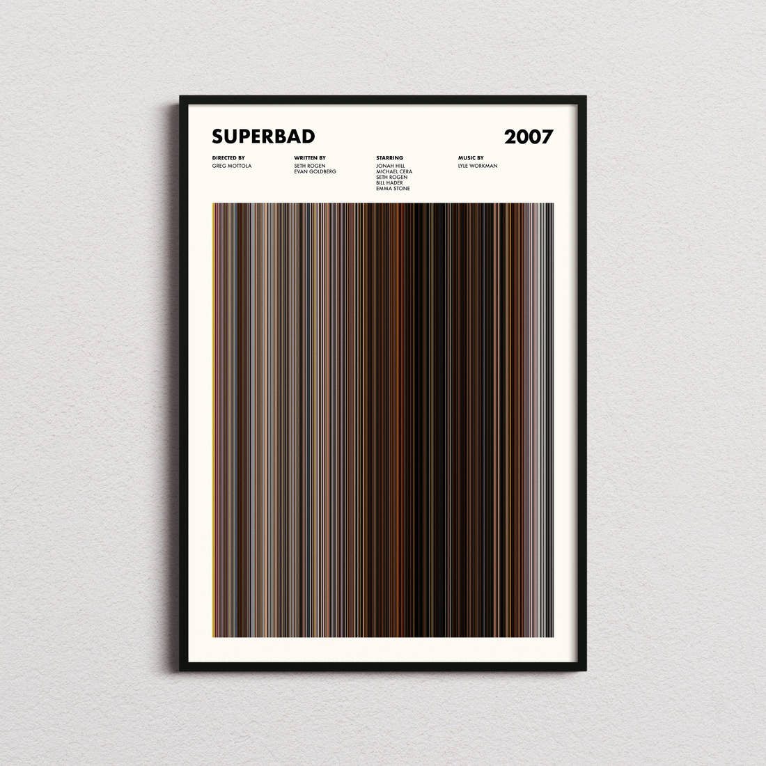Superbad Movie Barcode Poster framed on a plain studio wall