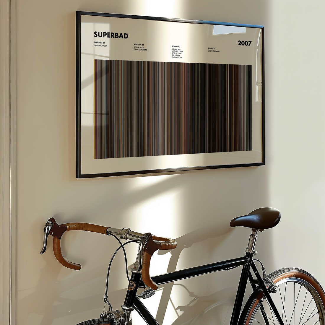 Superbad Movie Barcode Poster framed on the wall of a styled room setting