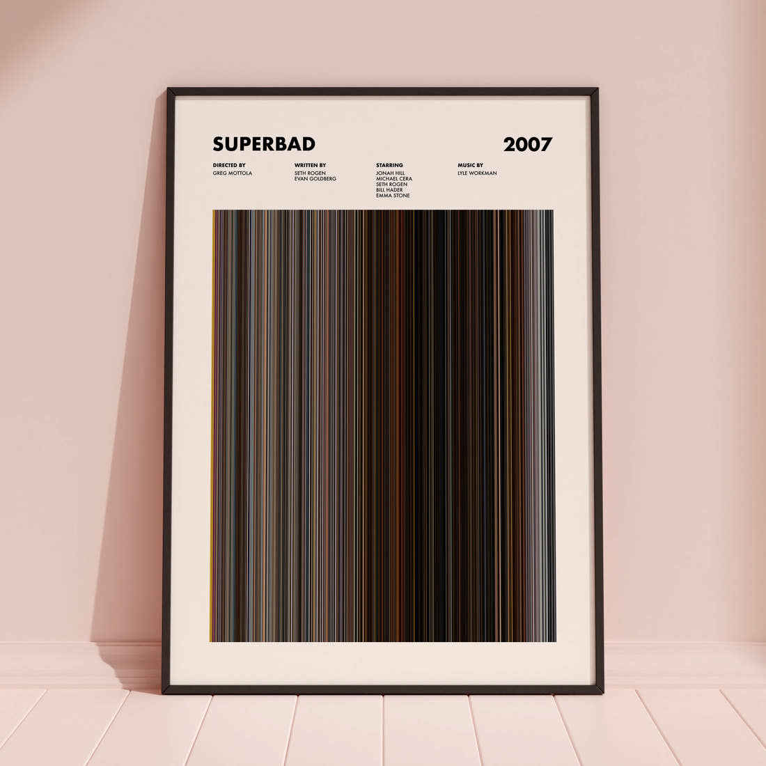 Superbad Movie Barcode Poster framed and leaning against a coloured wall
