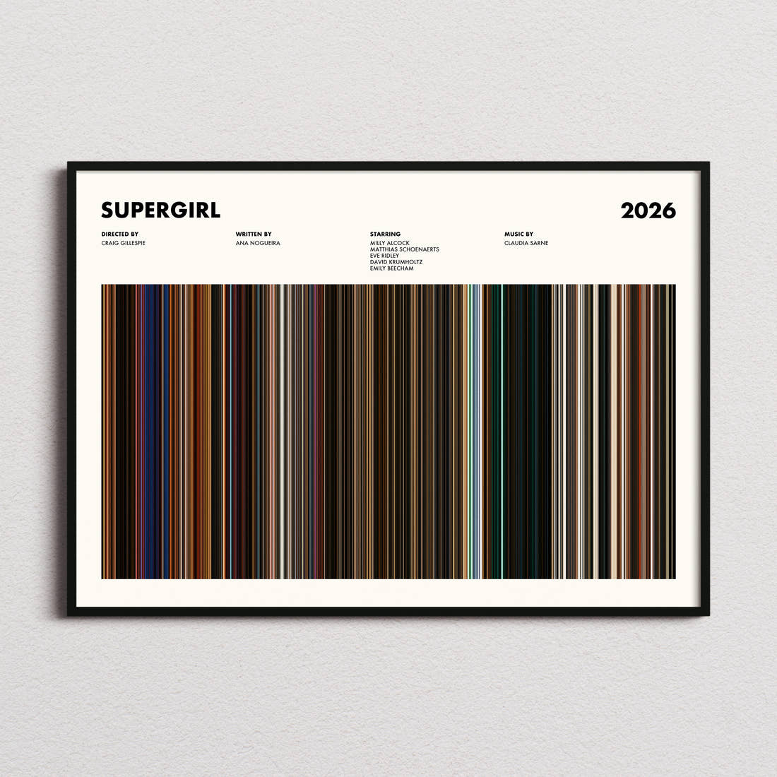 Supergirl Movie Barcode Poster framed and photographed straight on