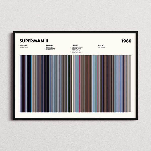 Superman 2 Movie Barcode Poster framed and photographed straight on