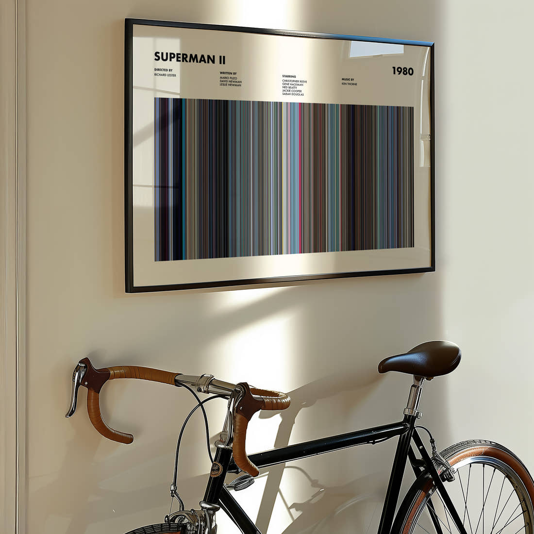 Superman 2 Movie Barcode Poster framed on the wall of a styled room setting