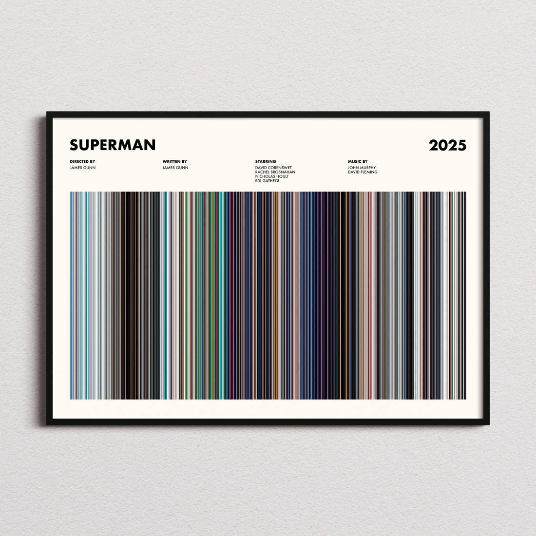 Superman (2025) Movie Barcode Poster framed and photographed straight on