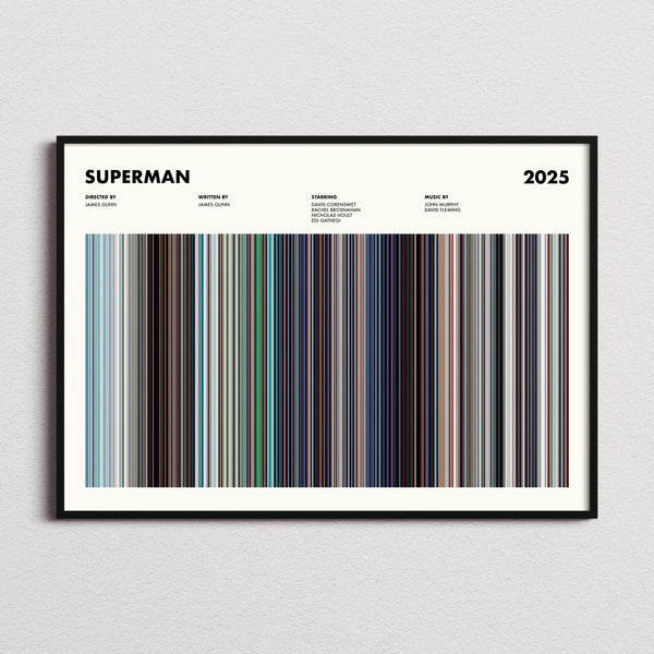 Superman (2025) Movie Barcode Poster framed and photographed straight on