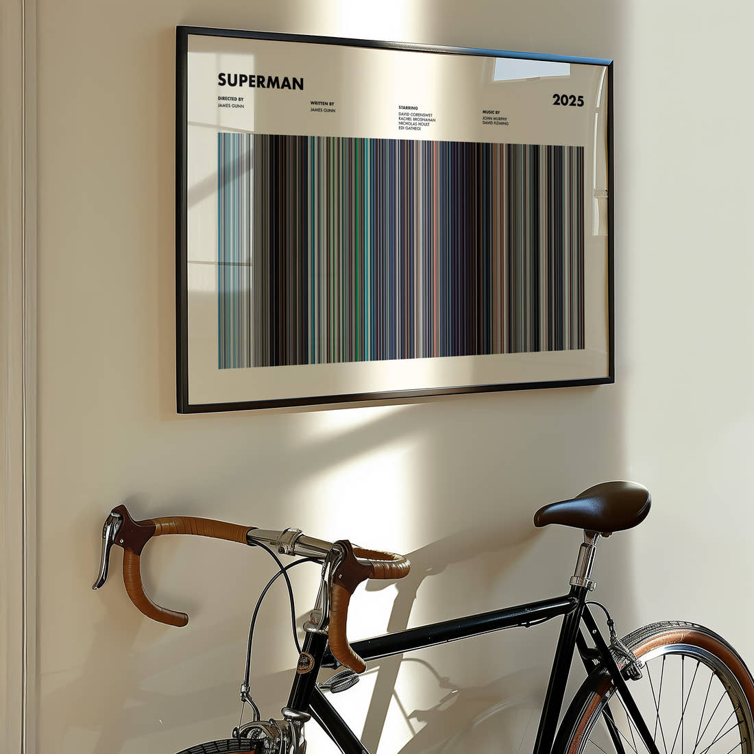 Superman (2025) Movie Barcode Poster framed on the wall of a styled room setting