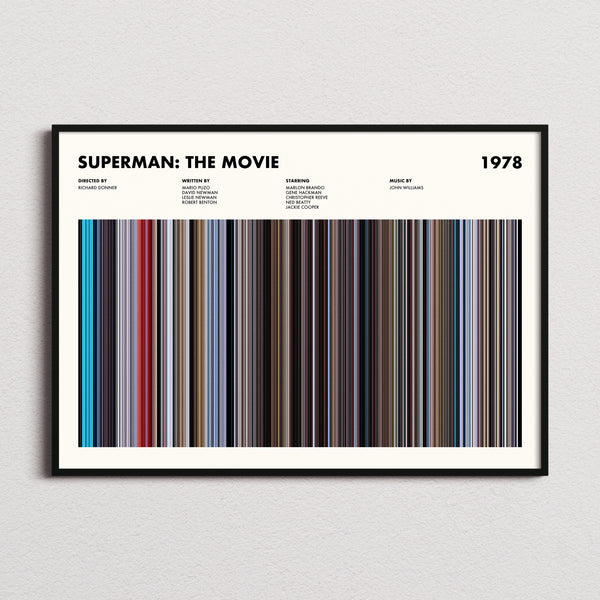 Superman Movie Barcode Poster framed and photographed straight on