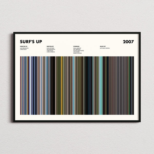 Surf's Up Movie Barcode Poster framed and photographed straight on