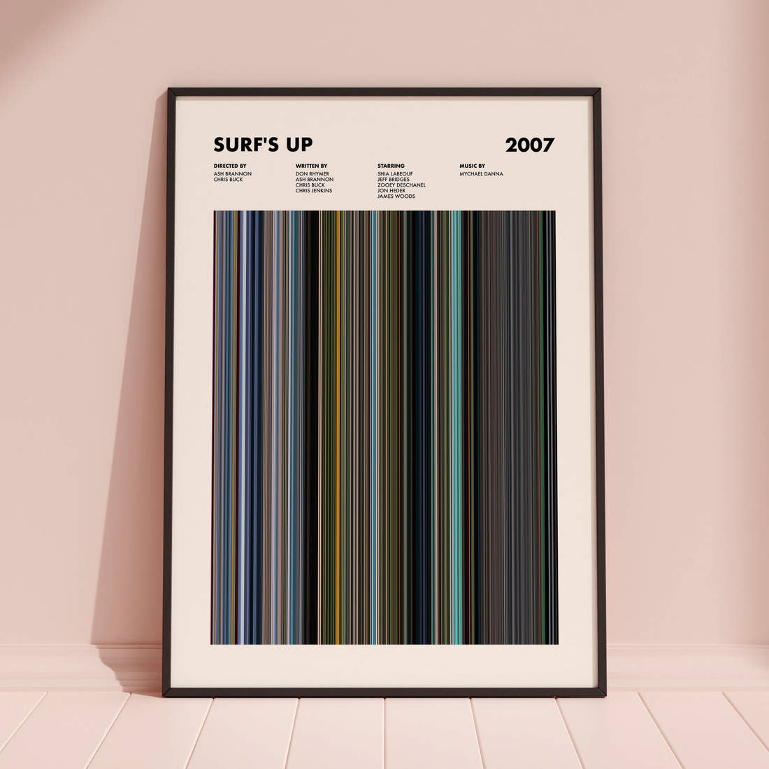Surf's Up Movie Barcode Poster framed and leaning against a coloured wall