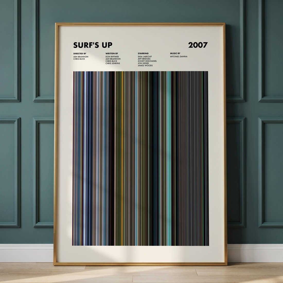 Surf's Up Movie Barcode Poster framed and leaning against a panelled wall