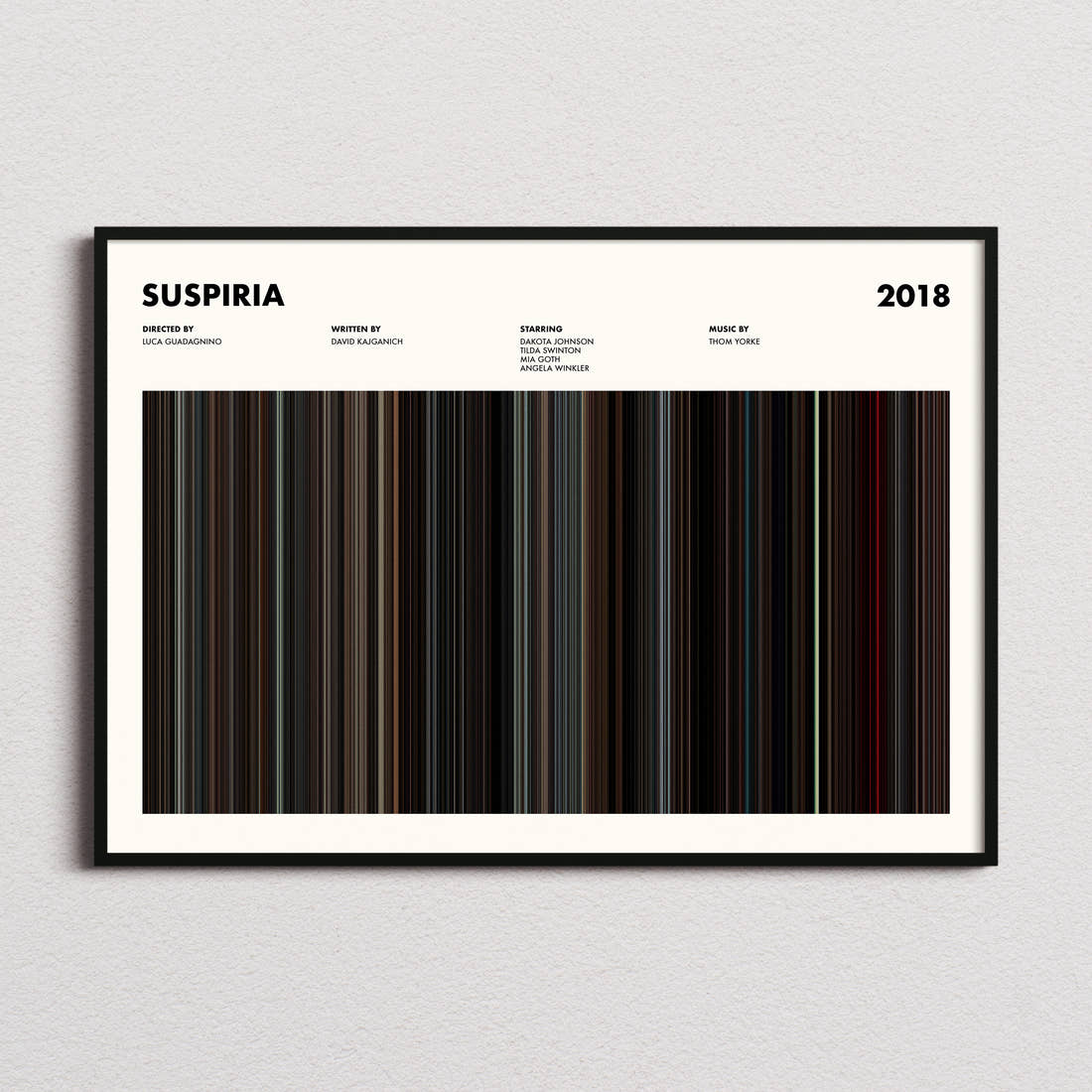 Suspiria Movie Barcode Poster framed and photographed straight on
