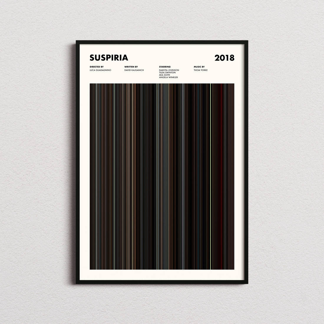 Suspiria Movie Barcode Poster framed on a plain studio wall