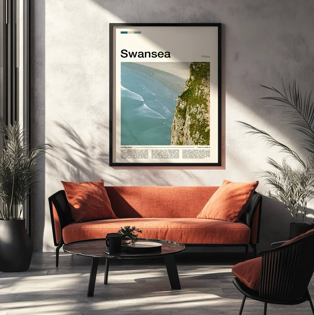Swansea Cliff Above The Beach Travel Print framed on the wall of a modern living room