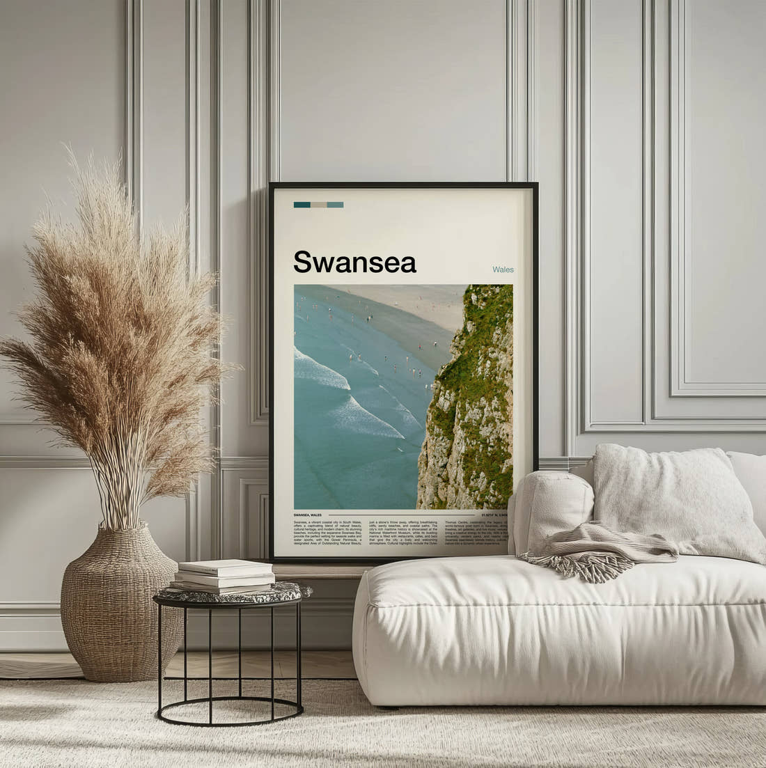 Swansea Cliff Above The Beach Travel Print framed on the wall of a calm, neutral bedroom
