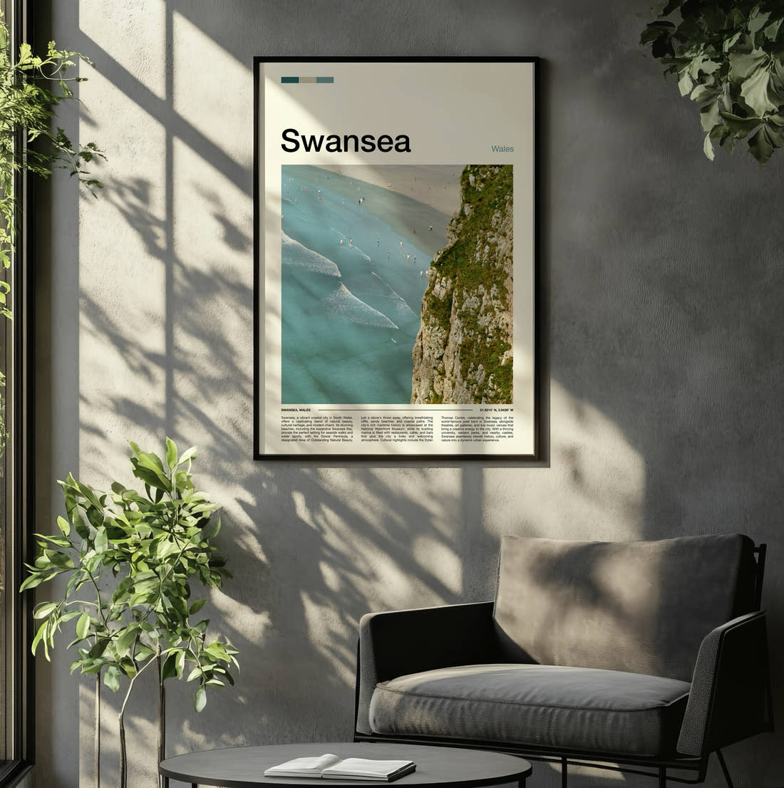 Swansea Cliff Above The Beach Travel Print framed on the wall of a relaxed living room