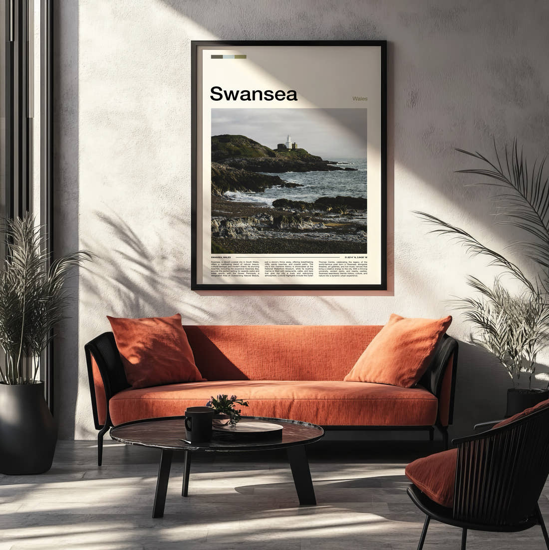 Swansea Mumbles Lighthouse Travel Print framed on the wall of a modern living room