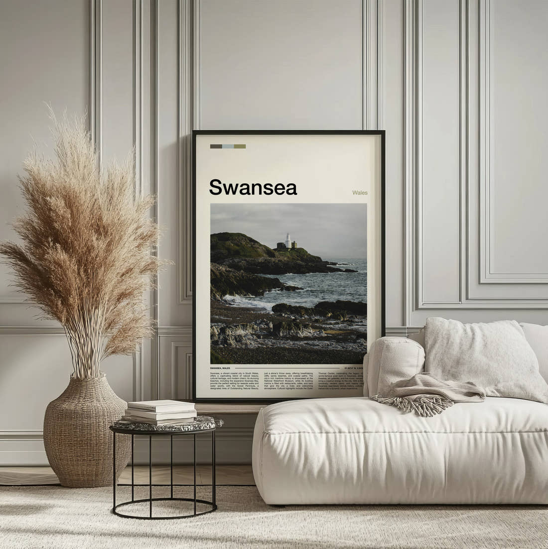 Swansea Mumbles Lighthouse Travel Print framed on the wall of a calm, neutral bedroom