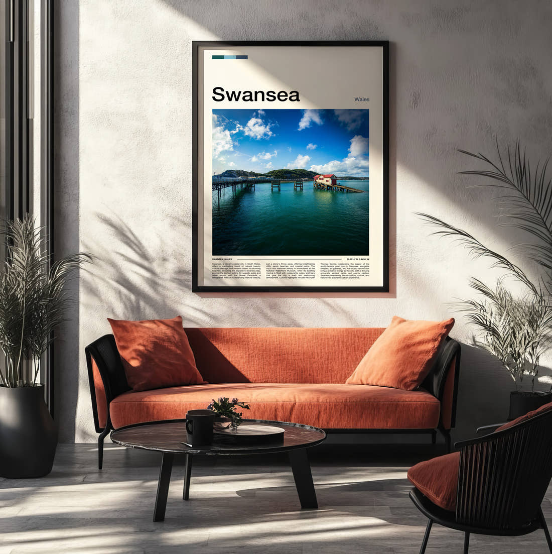 Swansea Mumbles Pier Travel Print framed on the wall of a modern living room