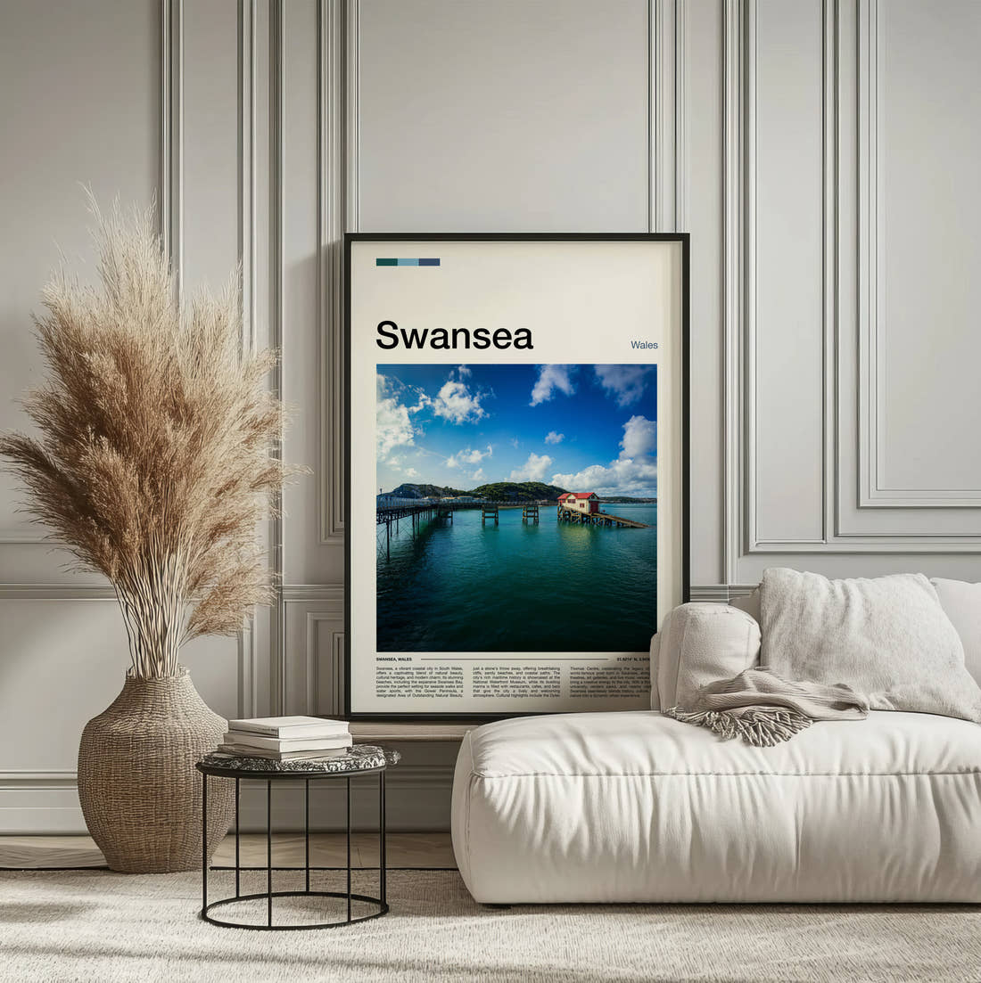 Swansea Mumbles Pier Travel Print framed on the wall of a calm, neutral bedroom