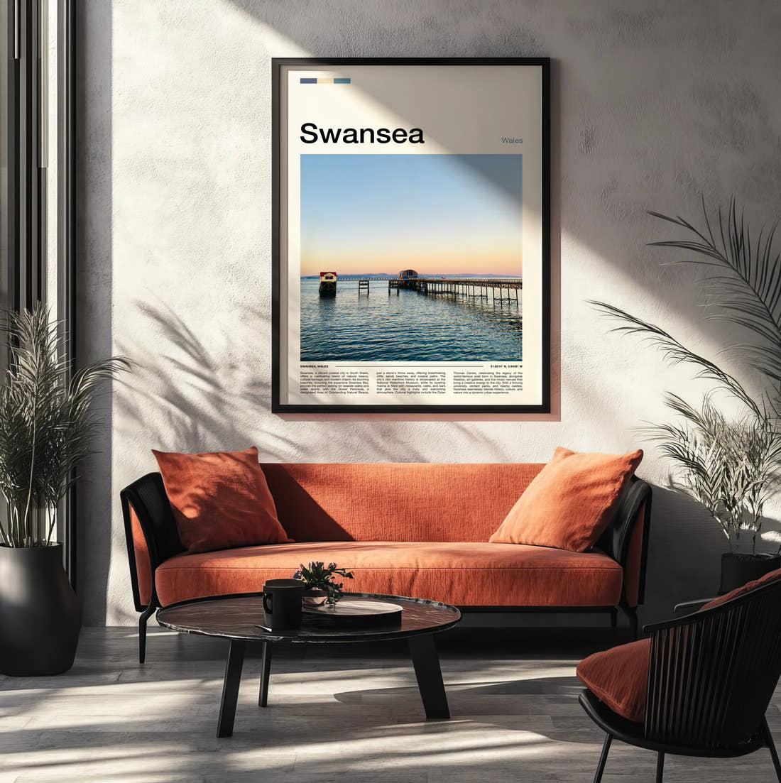 Swansea Pier At Sunset Travel Print framed on the wall of a modern living room