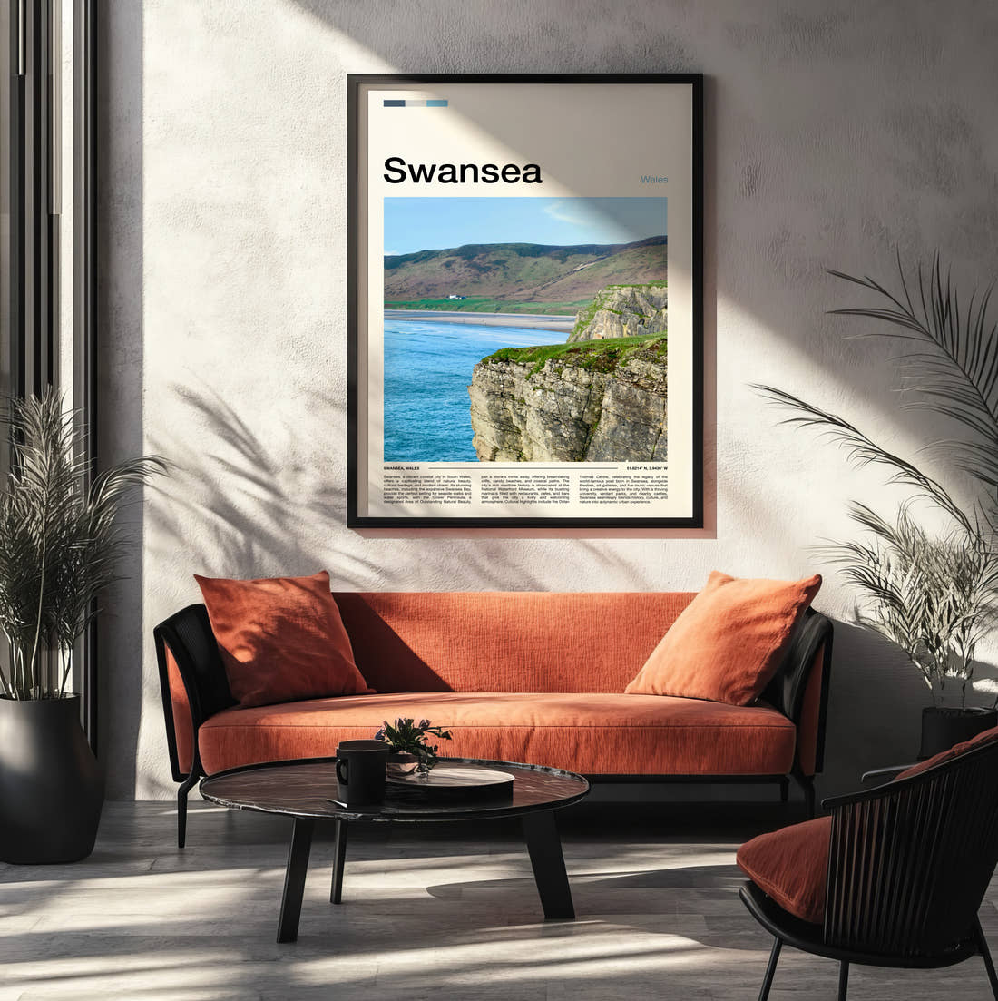 Swansea Worms Head Travel Print framed on the wall of a modern living room