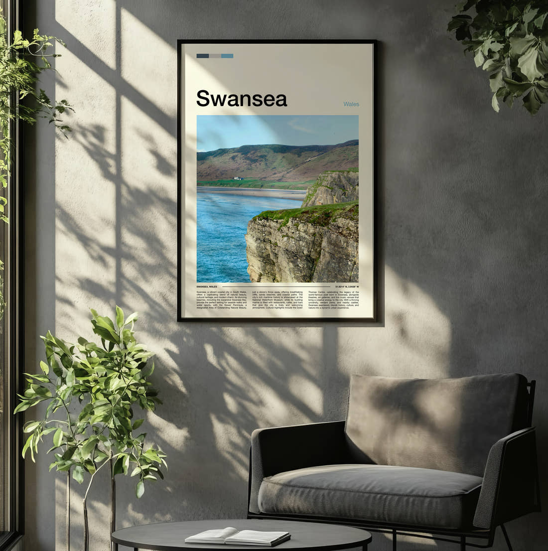 Swansea Worms Head Travel Print framed on the wall of a relaxed living room
