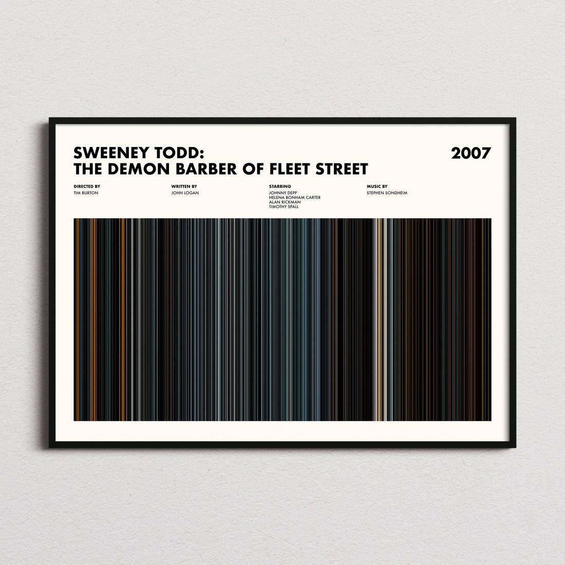Sweeney Todd: The Demon Barber of Fleet Street Movie Barcode Poster framed and photographed straight on
