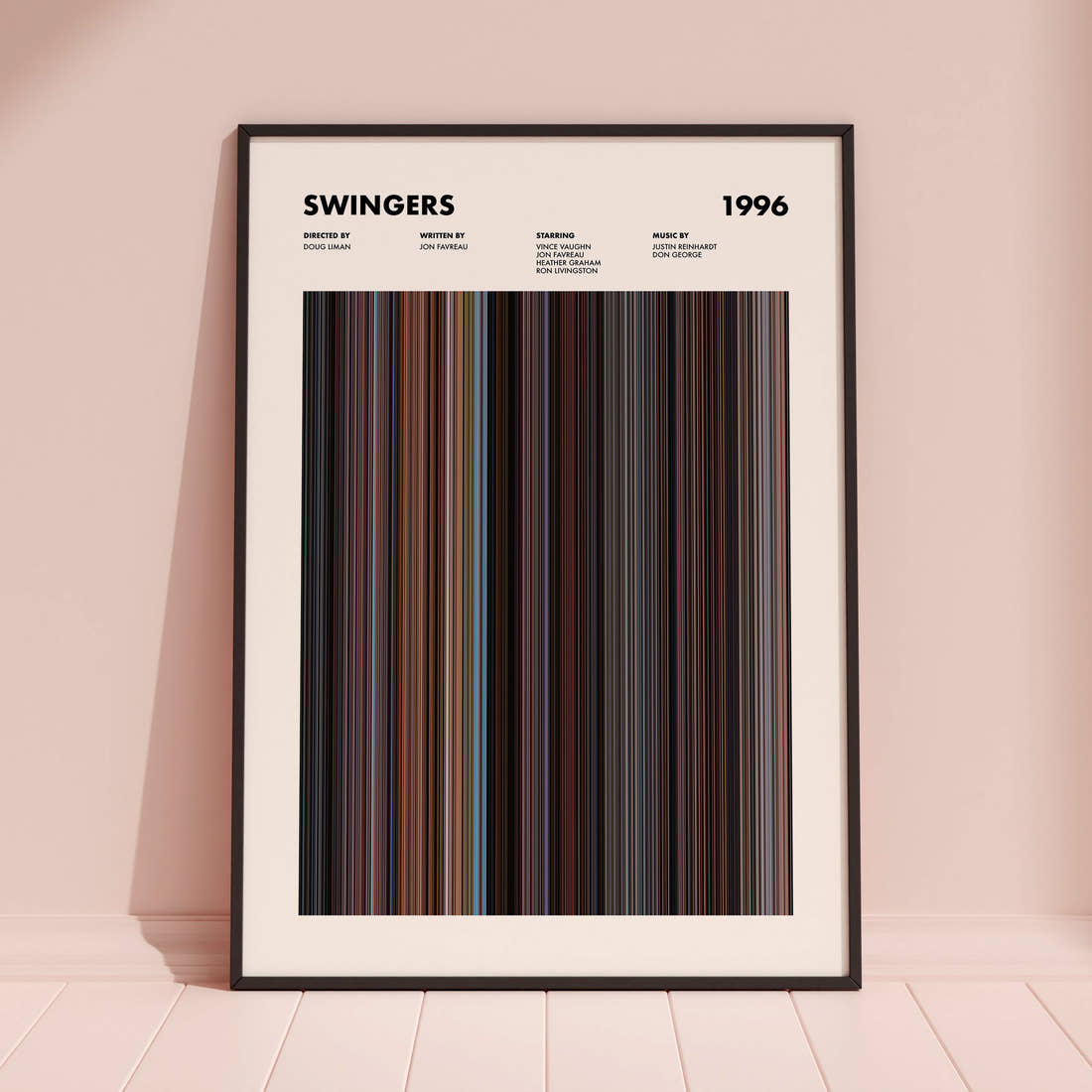 Swingers Movie Barcode Poster framed and leaning against a coloured wall