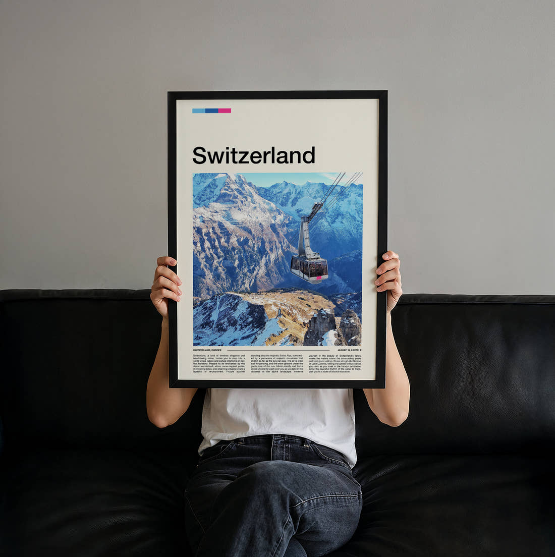 Switzerland Cable Car Travel Print held up by hand to show the size of the print