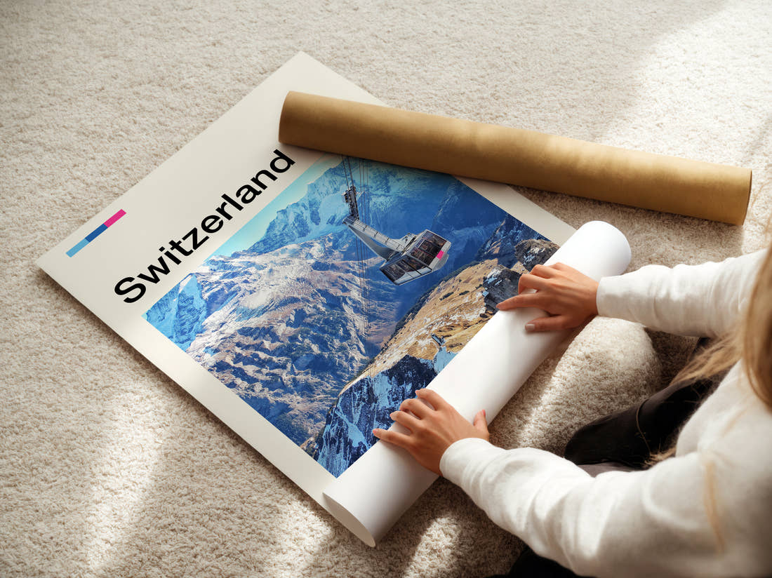 Switzerland Cable Car Travel Print being unrolled from its postal tube