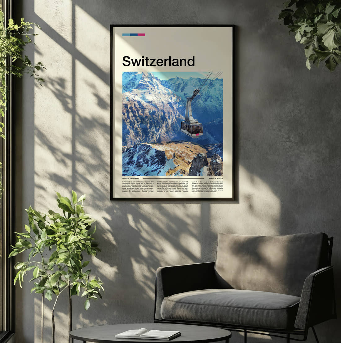 Switzerland Cable Car Travel Print framed on the wall of a relaxed living room