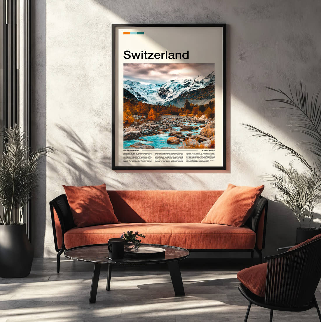 Switzerland Autumn Mountain River Travel Print framed on the wall of a modern living room