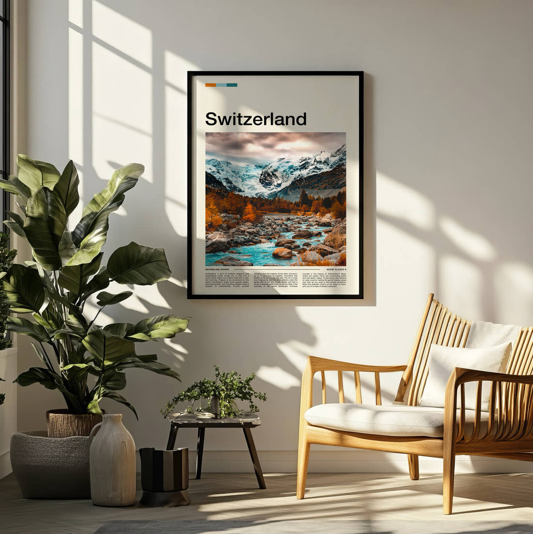 Switzerland Autumn Mountain River Travel Print framed on a pale wall beside houseplants